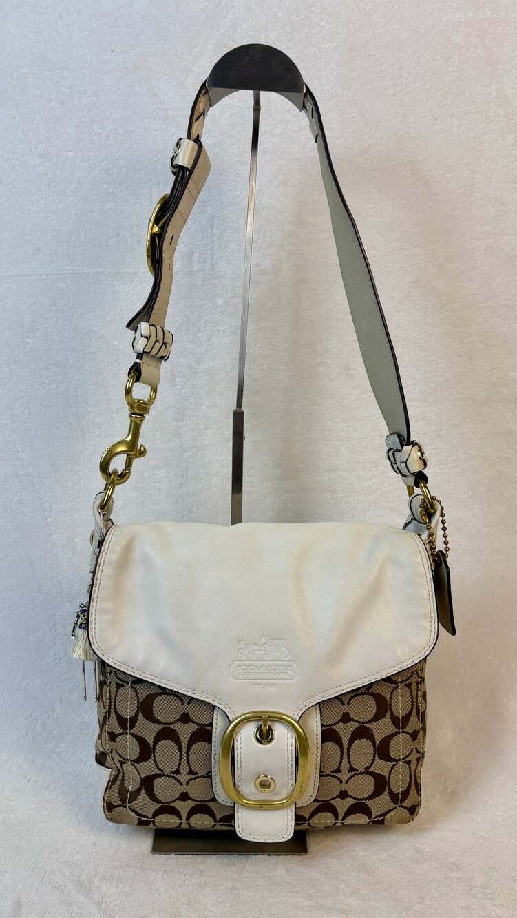 Vintage Coach Bleecker Legacy Signature Flap Brown Jacquard Cream Leather Trim